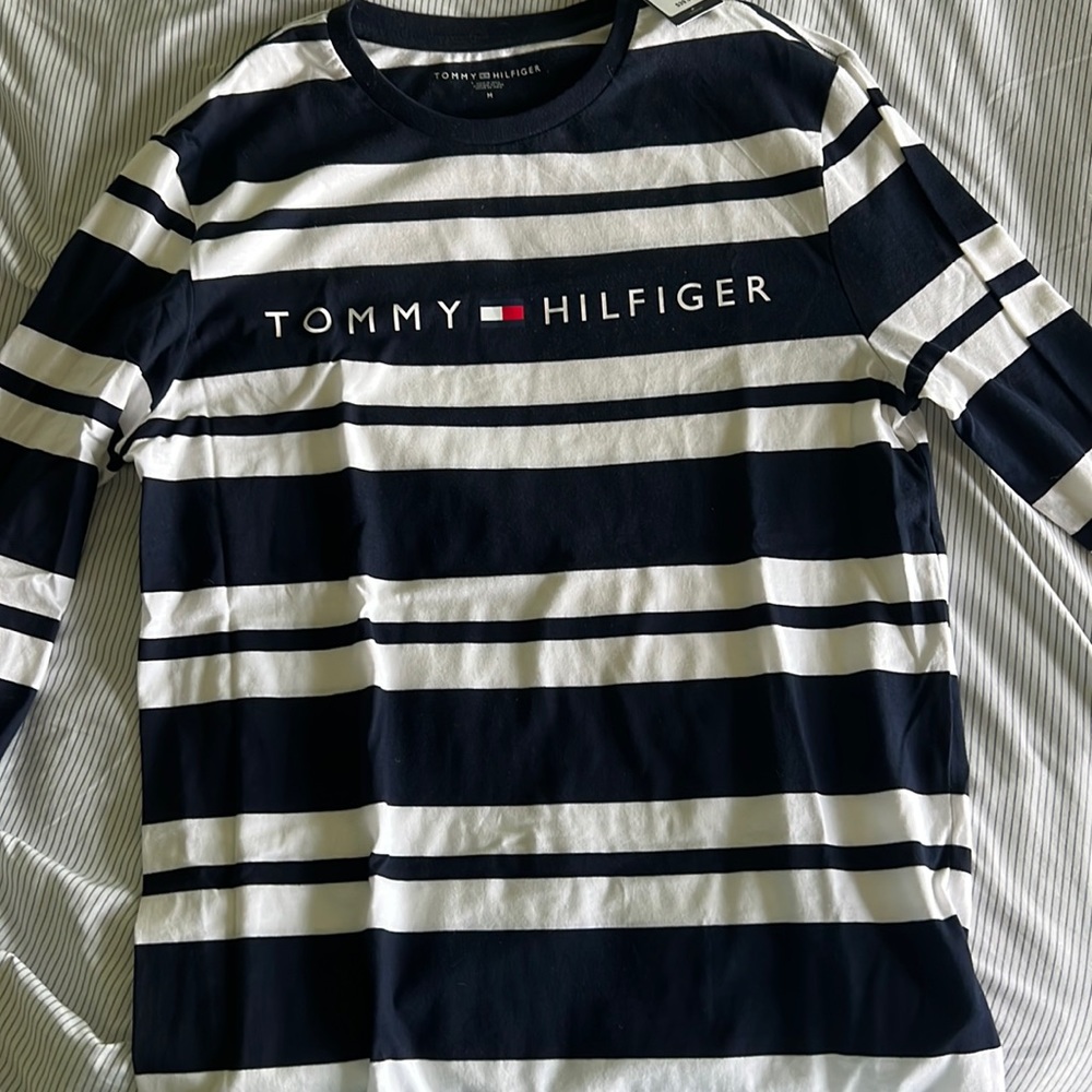 White and navy blue striped Tommy Hilfiger long sleeve